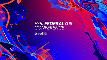 Blue and red abstract PowerPoint slide with the words Esri Federal GIS Conference