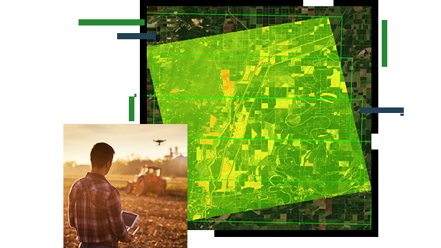An aerial image of dark green farmland layered with a heat map, overlaid with a photo of a person flying a drone over a field of crops