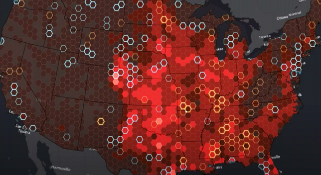 A screencap from a featured webinar showing a heat map of the US in shades of red on a gray background